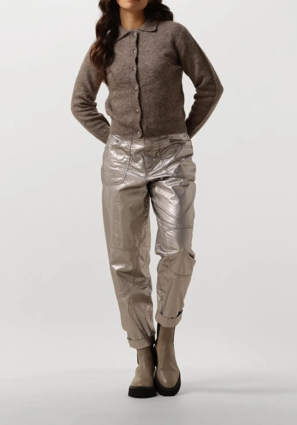 DAMES SUMMUM bronzen pantalon loose tapered pants foil coated twill