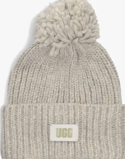 DAMES UGG lichtgrijze muts chunky rib beanie knit pom set